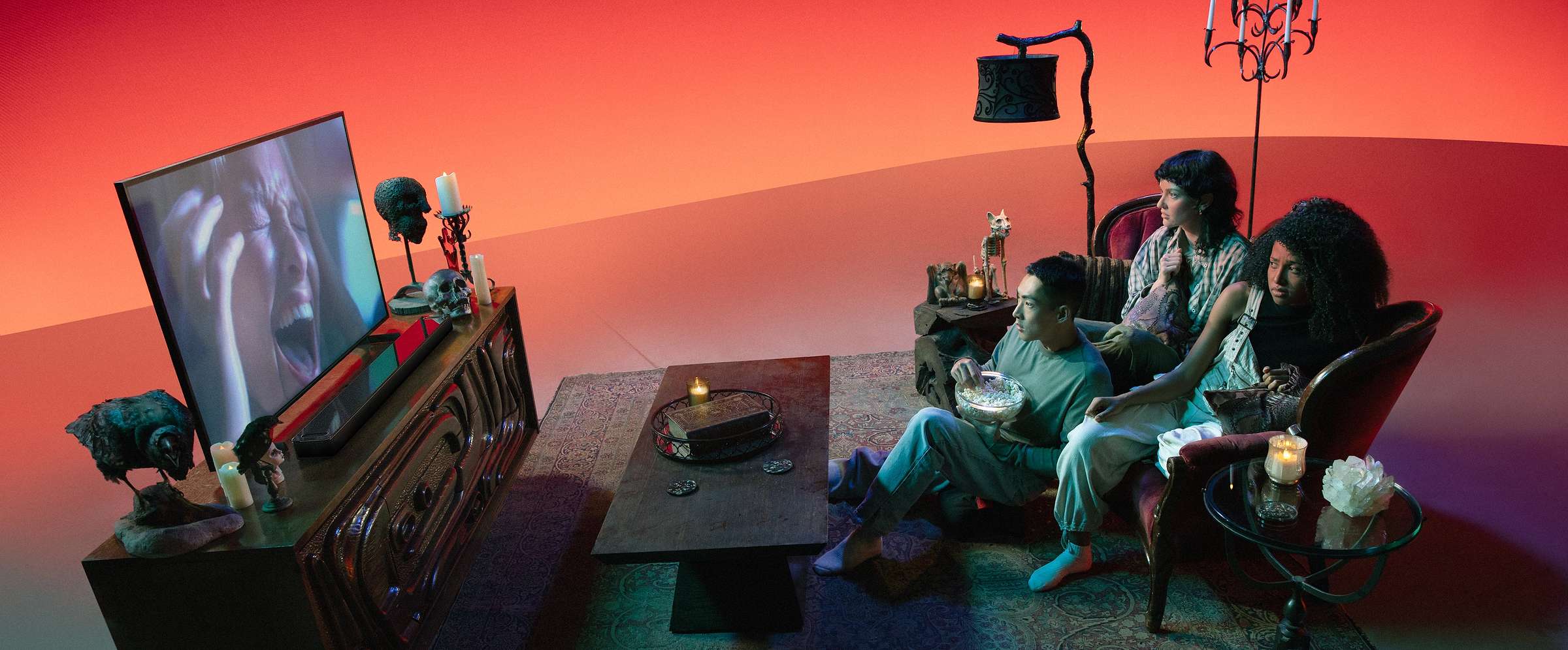 Bose Stevie Soundbar in a cinematic horror-themed living room set