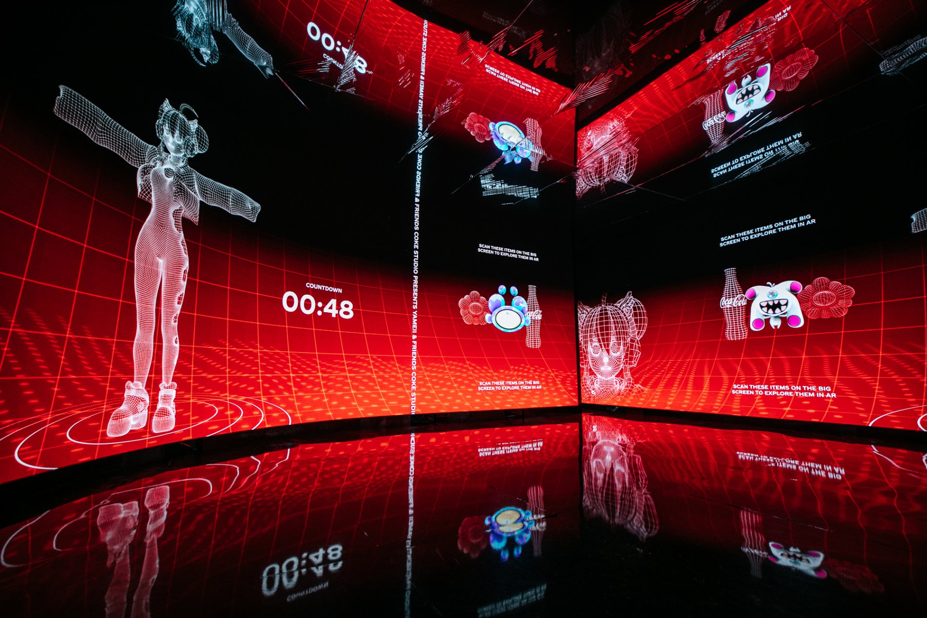 The mirrored Coke Studio room, the virtual pop star Yameii in wireframe, a 00:48 countdown on red LED walls