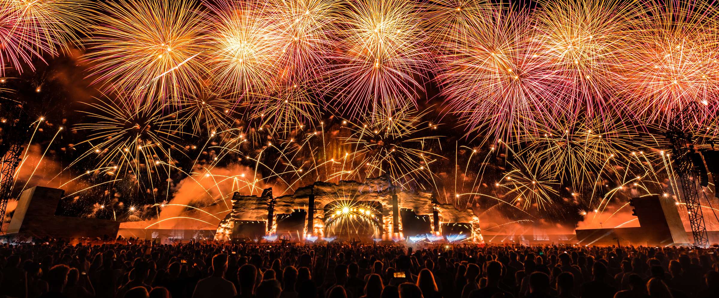 Dakar Rally Closing Ceremony, fireworks over a stage and crowd