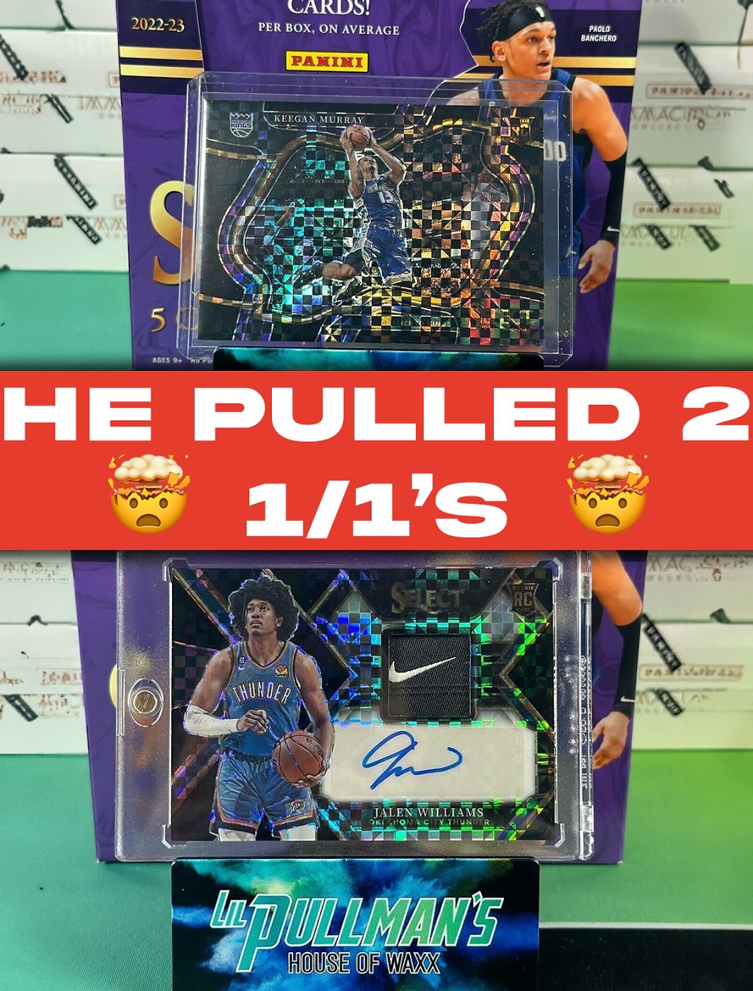 Social post, a collector pulls two 1-of-1 cards live